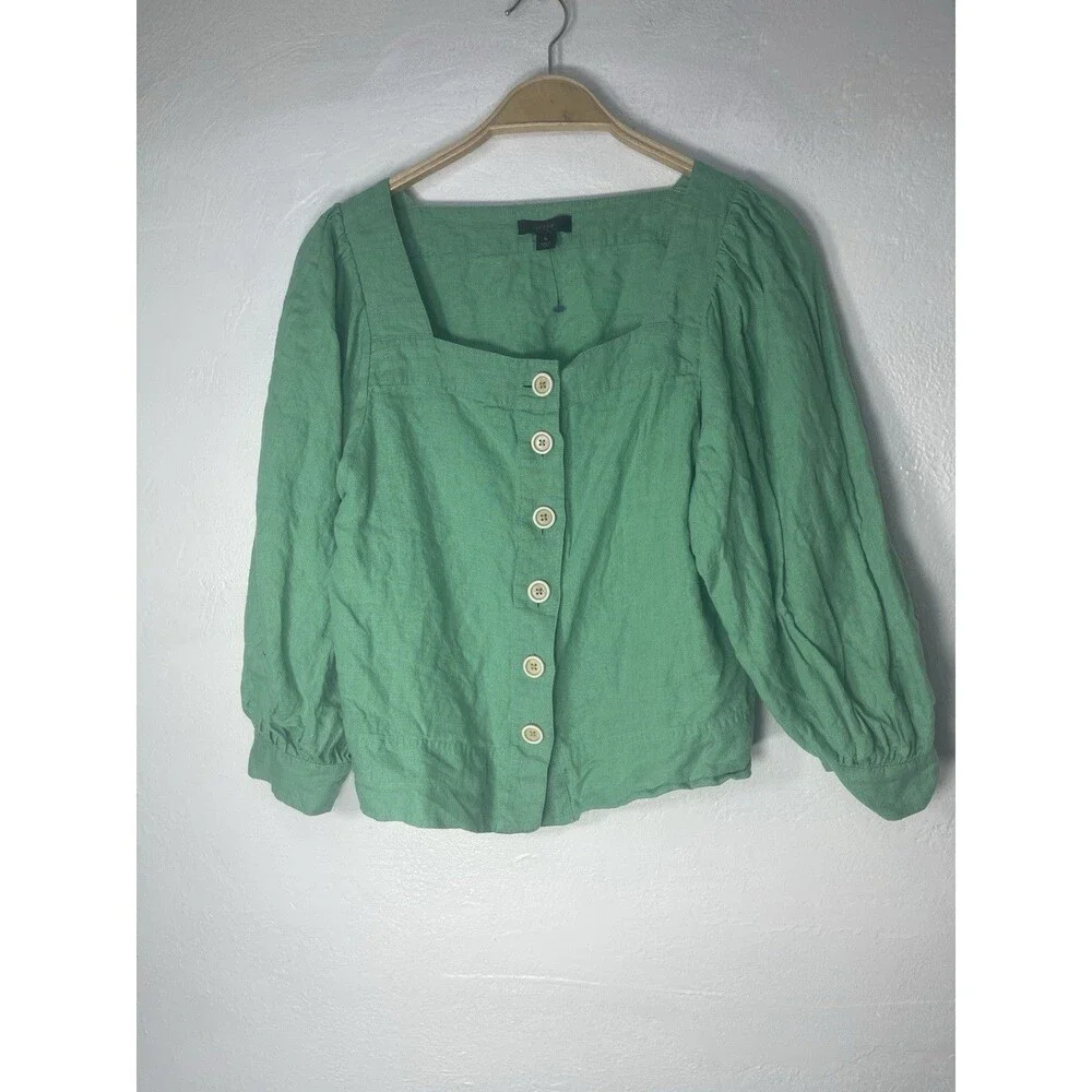 J.CREW Women's 100% Linen Blouse Top Green Mint Puff Sleeve Button Front S